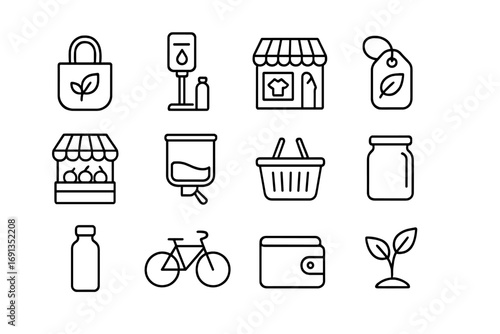 Eco-Friendly Shopping Icons. Outline icon set of eco-friendly shopping: cloth bag, refill station, second-hand