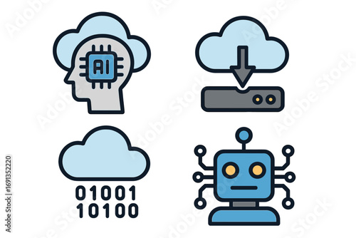 Set of technology icons. Artificial intelligence, cloud computing, data download. AI brain, robot, server, binary code. Future tech concept vector illustration isolated.