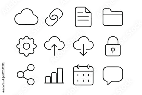 Cloud Collaboration Icons. Outline icon set of cloud collaboration platforms: cloud, link, document, folder,