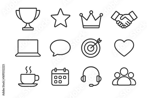Motivation Icon Set. Outline icon set of team motivation online: trophy, star, crown, handshake, laptop, chat