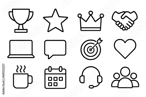 Motivation Icon Set. Outline icon set of team motivation online: trophy, star, crown, handshake, laptop, chat