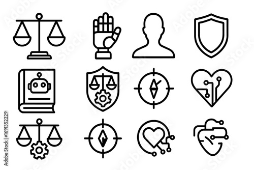 Ethical Robotics Icons. Outline icon set of ethical robotics: justice scale, robot hand, human silhouette, law