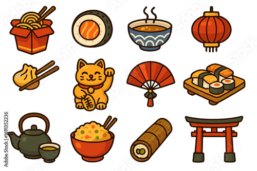 Asian food and culture icon set. Japanese and Chinese traditional elements. Vector cartoon illustration collection of sushi, ramen, noodles, lucky cat, lantern, and torii gate.
