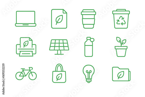 Green Office Icon Set. Outline icon set of green office habits: laptop, paperless document, reusable cup,