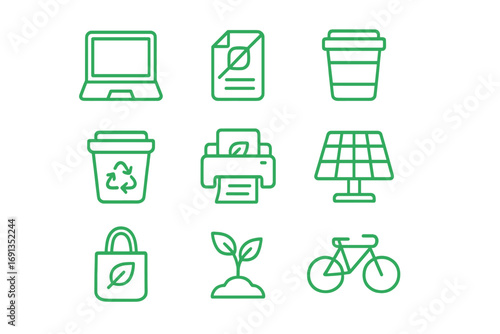 Green Office Icon Set. Outline icon set of green office habits: laptop, paperless document, reusable cup,