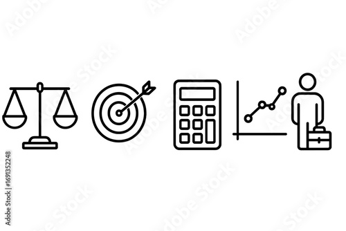 Minimalistic Business Icon Set with Scales, Target with Arrow, Calculator, Line Graph, and Businessperson with Briefcase. Editable Stroke Linear Vector Pictograms for Apps, Banners, and Cards