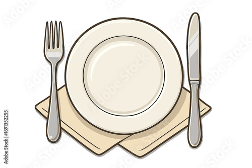 Elegant table setting with plate, fork, and knife on a napkin. Dining etiquette concept. Vector icon for restaurant menu, dinner invitation, or food blog. Cutlery place setting.