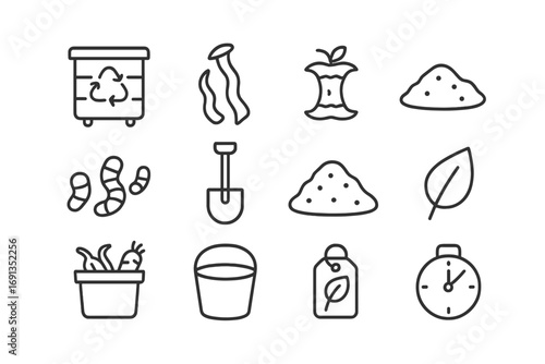 Composting Icon Set. Outline icon set of composting habits: compost bin, vegetable peel, fruit waste, garden