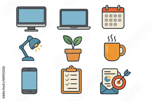 Set of office workspace icons for productivity. Modern business tools like computer, laptop, calendar, checklist, target. Vector cartoon illustration for work environment concepts.
