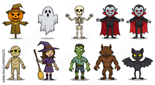 A collection of cartoon Halloween characters, including a scarecrow, ghost, skeleton, vampires, mummy, witch, zombie, werewolf, and bat.