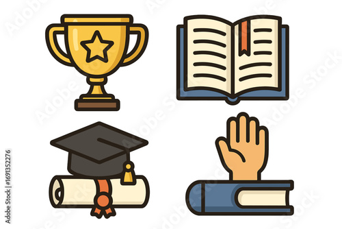 Education icon set. School learning, graduation and achievement symbols. University knowledge, study success concept. Trophy, book, diploma, participation hand. Vector cartoon.