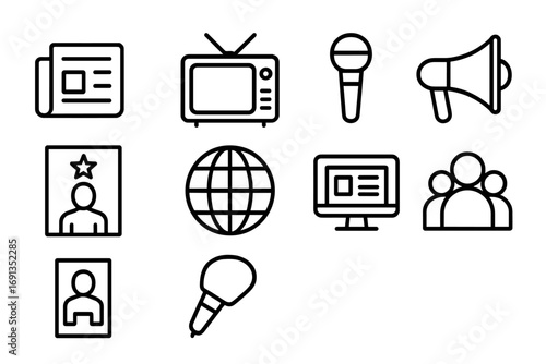 Media Influence Icons. Outline icon set of media and political influence: newspaper, TV, microphone,