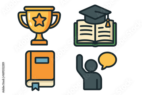 Education icon set for learning and achievement. School graduation cap, winner trophy, student participation and book symbols. Knowledge and success vector icons collection.