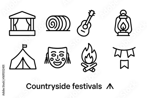 Countryside Festival Icons. Outline icon set of countryside festivals: stage, hay bale, folk guitar, lantern,