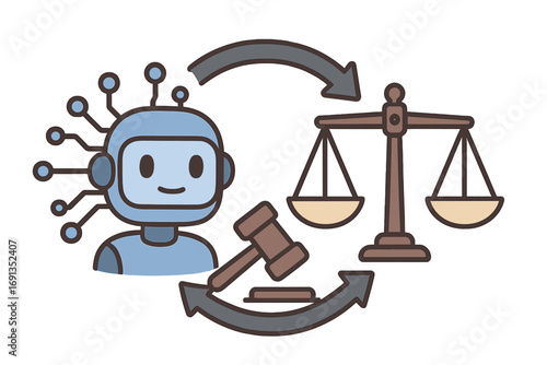 AI ethics and law concept. Artificial intelligence robot with justice scale and gavel. Machine learning regulation, legal framework for technology, and algorithm bias balance.