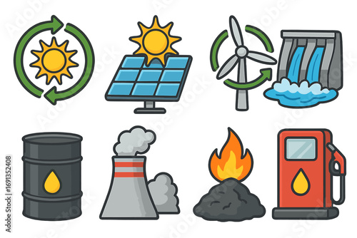 Energy icons set. Renewable and non-renewable sources. Solar panel, wind turbine, hydro dam. Fossil fuel, oil, coal, gas pump, nuclear plant. Vector cartoon illustration.