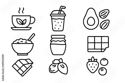Self-Care Food Icons. Outline icon set of self-care through food: herbal tea, smoothie, avocado, nuts, oatmeal