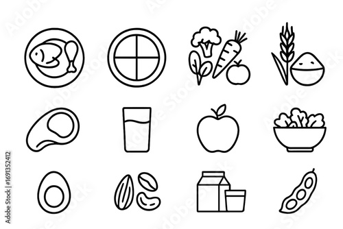 Balanced Meals Icons. Outline icon set of balanced meals: protein plate, portion control dish, vegetables,