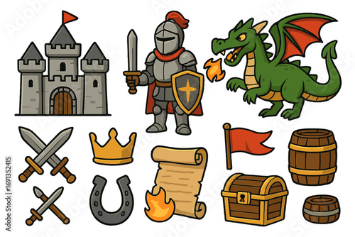 Cartoon fantasy icon set with medieval elements. Vector collection with knight, dragon, castle, treasure chest, sword, crown, and flag. Fairytale clipart for games.