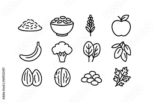 Whole Foods Icons. Outline icon set of whole foods: brown rice, oats, quinoa, apple, banana, broccoli, spinach