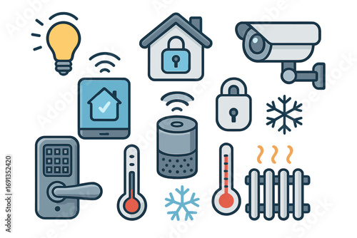 Smart home technology vector icon set. Internet of things automation symbols. Home security, climate control, lighting icons. Digital house management system illustration.