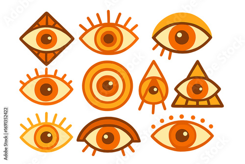 Set of evil eye icons. All-seeing eye of providence. Mystic spiritual amulet for protection. Geometric modern logo. Abstract vector illustration in warm colors. Magic symbol.