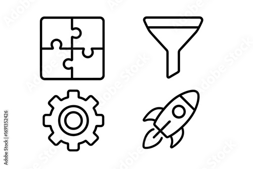 Simple linear illustration of data analytics with puzzle pieces, funnel, gear cogwheel, and spaceship icons for design, cards, posts, apps, and web usage