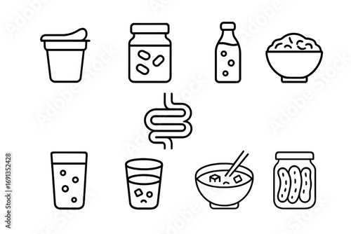 Gut Health Icons. Outline icon set of gut health foods: yogurt, probiotics jar, kombucha bottle, sauerkraut
