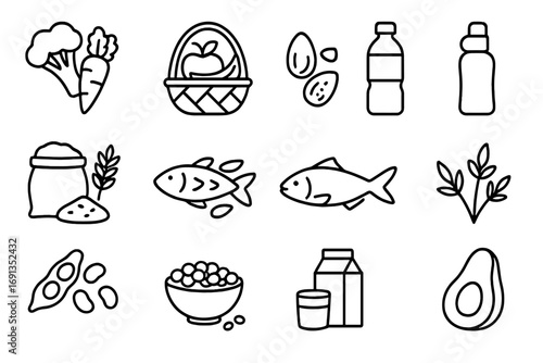Clean Eating Icons. Outline icon set of clean eating: raw vegetables, fruit basket, nuts, water bottle, whole