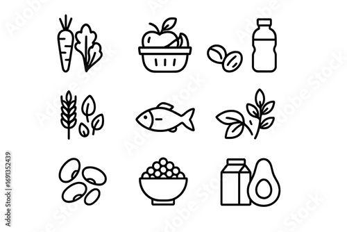 Clean Eating Icons. Outline icon set of clean eating: raw vegetables, fruit basket, nuts, water bottle, whole
