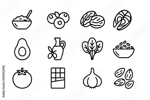 Heart-Healthy Foods Icons. Outline icon set of heart-healthy foods: oatmeal, blueberries, walnuts, salmon,
