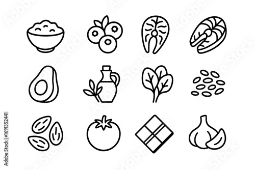 Heart-Healthy Foods Icons. Outline icon set of heart-healthy foods: oatmeal, blueberries, walnuts, salmon,