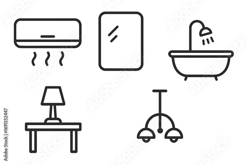 Minimalist linear interior design icons with air conditioner, mirror, bathroom with shower, table lamp, chandelier, modern home decor elements for apps, web, cards