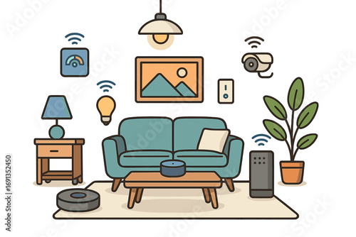 Smart home technology vector concept. Automated living room with intelligent devices. IoT illustration with smart speaker, robot vacuum, camera, and lighting control.