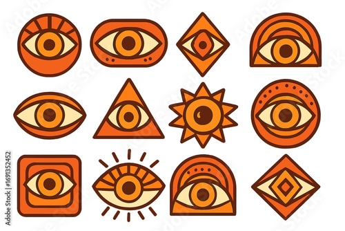 All-seeing eye icon set. Collection of mystical geometric symbols. Esoteric third eye, Eye of Providence. Magic spiritual protection amulet. Modern vector logo elements.