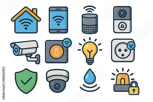 Smart home technology icon set. Vector cartoon illustration of home automation and security system devices. Internet of things, remote control app, camera, and alarm symbols.
