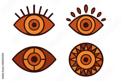 Set of stylized evil eyes. Geometric, abstract, ethnic symbols in warm colors. Modern mystic and esoteric collection. Spiritual third eye, sun, and circular patterns.