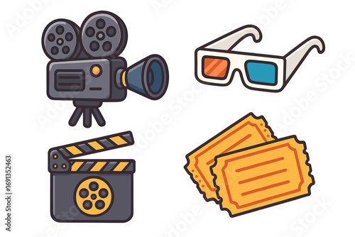 Cinema and movie making icon set. Film production equipment. Vector illustration collection with retro camera, clapperboard, 3D glasses and tickets for entertainment show.