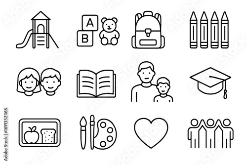 Children Support Icons. Outline icon set of children and youth support: playground, toys, school backpack,