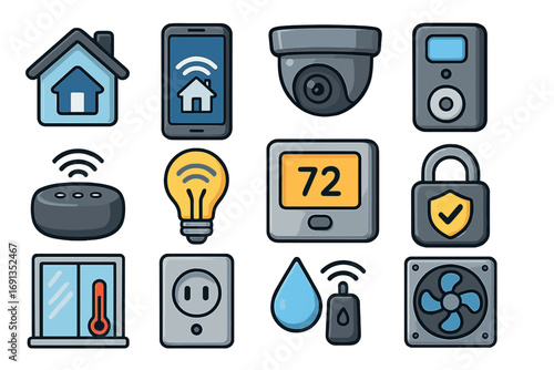 Smart home technology icon set for automation and security solutions. Internet of Things (IoT) devices collection. Vector icons for smart house control, light, and lock system.