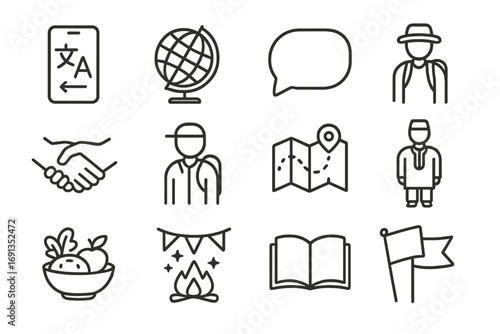 Cultural Adaptation Icons. Outline icon set of cultural adaptation assistance: translation app, world globe,