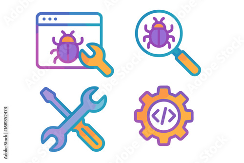Colorful gradient icon set for software development and bug fixing. Vector symbols for coding, debugging, quality assurance testing, website maintenance, and repair tools.
