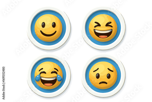 3D emoji vector icon set with emotions. Happy, sad, laughing with joy faces. Glossy emoticon character collection. Cartoon illustration for social media chat reaction button.