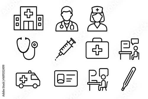 Healthcare Icons Grid. Outline icon set of healthcare access programs: hospital building, doctor, nurse,