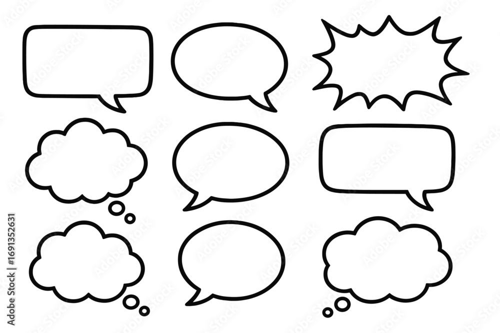 Obraz premium Speech bubble vector set. Think talk and shout balloon collection. Cartoon doodle for comic. Communication icon. Dialog message box. Quote frame. Chat cloud illustration.