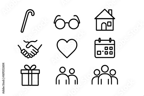 Senior Benefits Icons. Outline icon set of senior benefits: walking cane, glasses, retirement home, handshake,