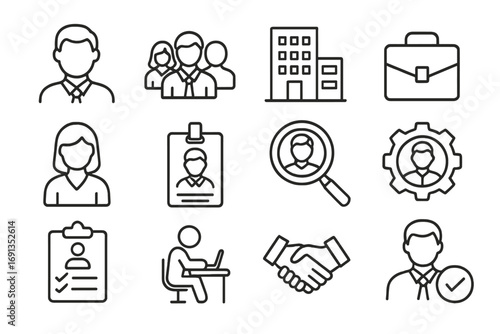 Staff and Company Job Thin Line Icon Set with Editable Stroke for Business, HR, Recruitment, Workplace, Teamwork, Employee Management, Web, Books, Apps, Cards, Transparent Vector