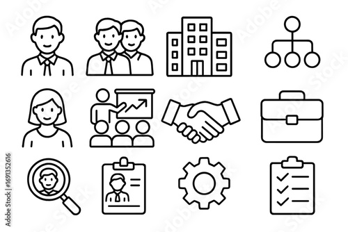 Vector set of business and company icons with staff, teamwork, office building, presentation, handshake, briefcase, magnifying glass, resume, gear, checklist, editable stroke for web and apps