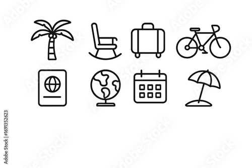 Retirement Icon Set. Outline icon set of retirement lifestyle planning: palm tree, rocking chair, suitcase,