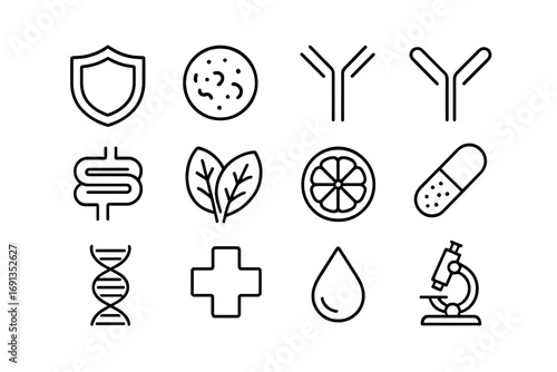 Immunity and Microbiome Icons. Outline icon set of immune system and microbiome: shield, white blood cell,